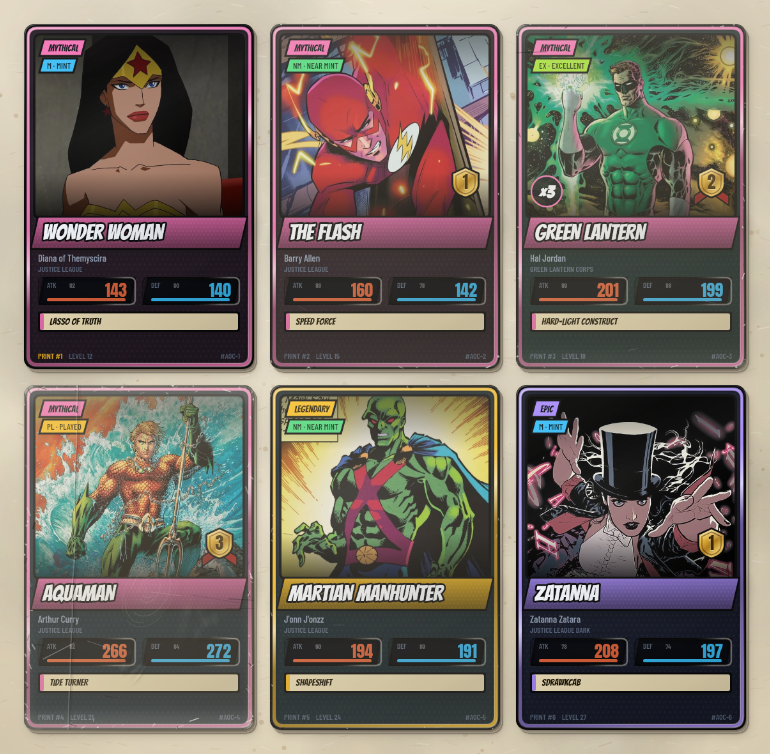 Six cards from Ace o' Clubs, showing print numbers, grades and mastery stars.